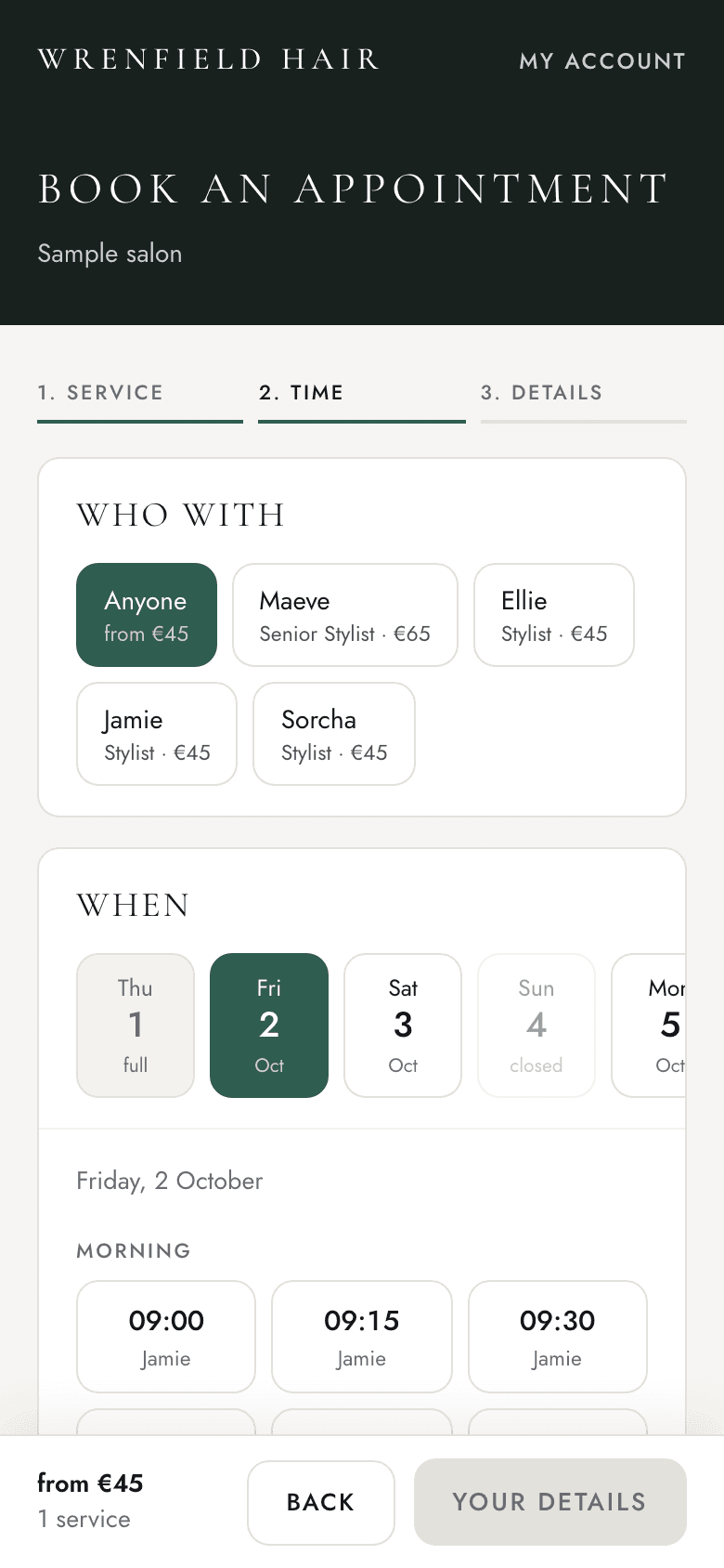 The client's side on a phone at Wrenfield Hair, a made-up sample salon: choosing who with, priced by stylist level, then a day and a time.