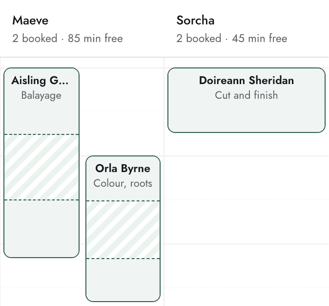 The salon's diary at Wrenfield Hair, a made-up sample salon, from 9:00 to noon: four stylists in columns. Maeve's balayage client has a hatched block where the colour develops, and Orla Byrne's roots are booked beside it at 10:00.
