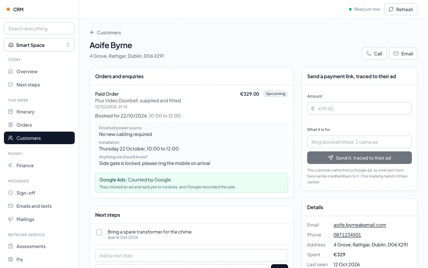 A customer record in a CRM we built: the order, the installation date and where the customer came from
