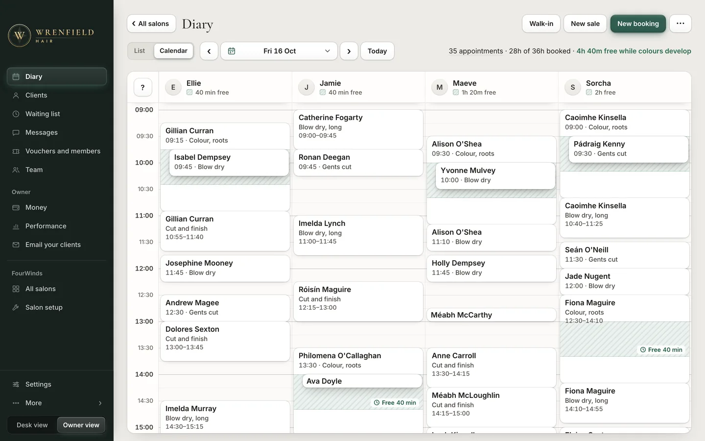 The day's diary in our salon booking software, for a sample salon